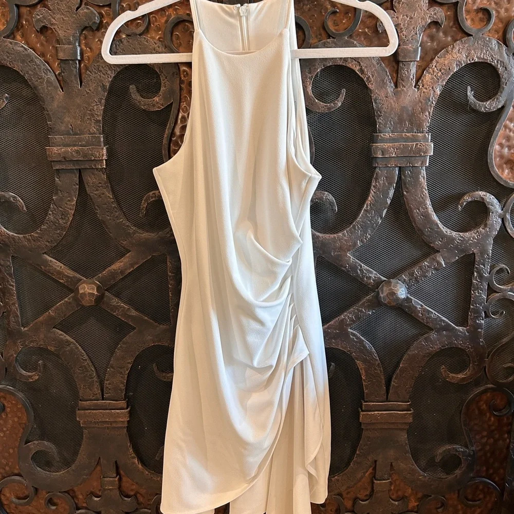 Badgley Mischka Daphne Stretch Crepe Halter Neck Asymmetrical Hem Dress - Picture 3 of 6
